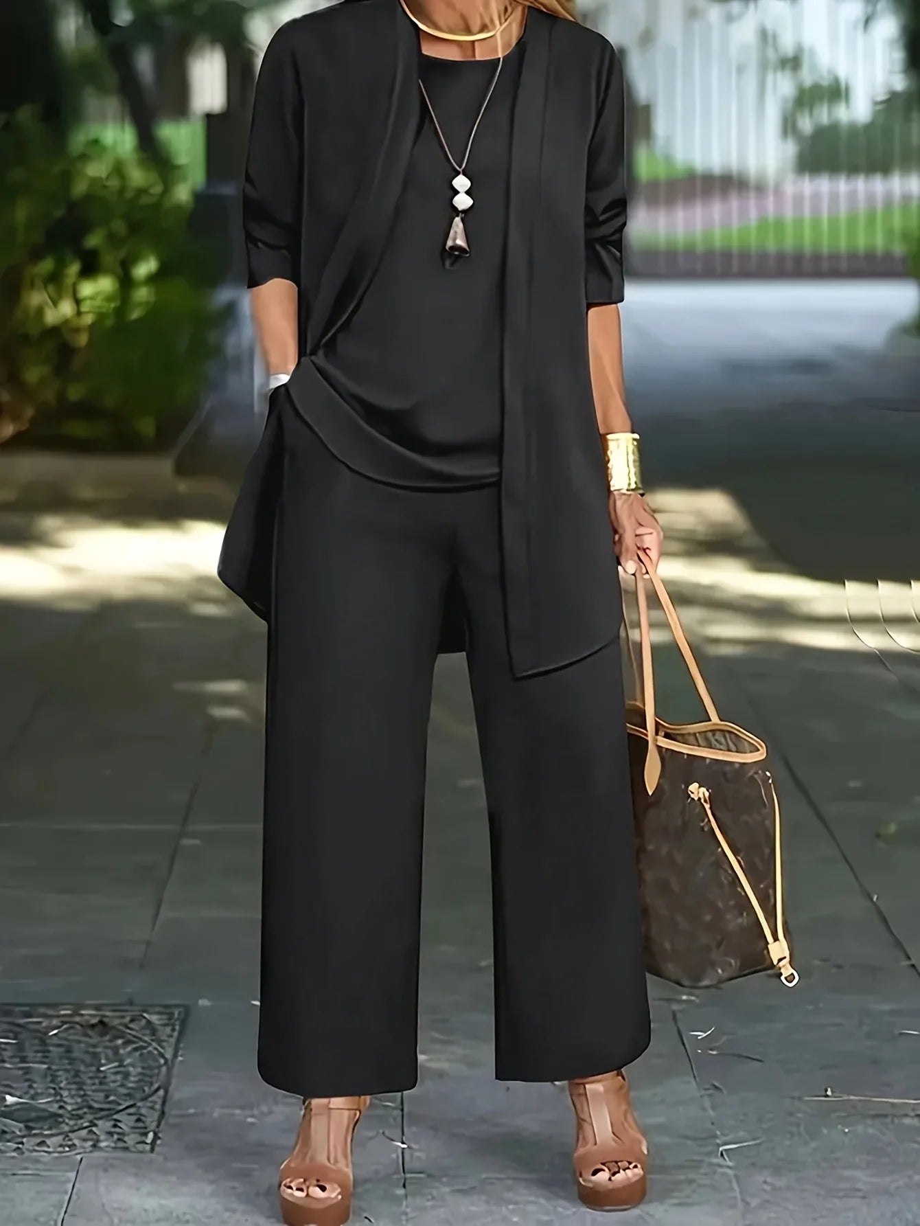 Plus Size 1XL-5XL Women's Fashion Three-Piece Outfit Set Ladies Casual Long Sleeve Cardigan Tank Top and Long Pants Outfit.