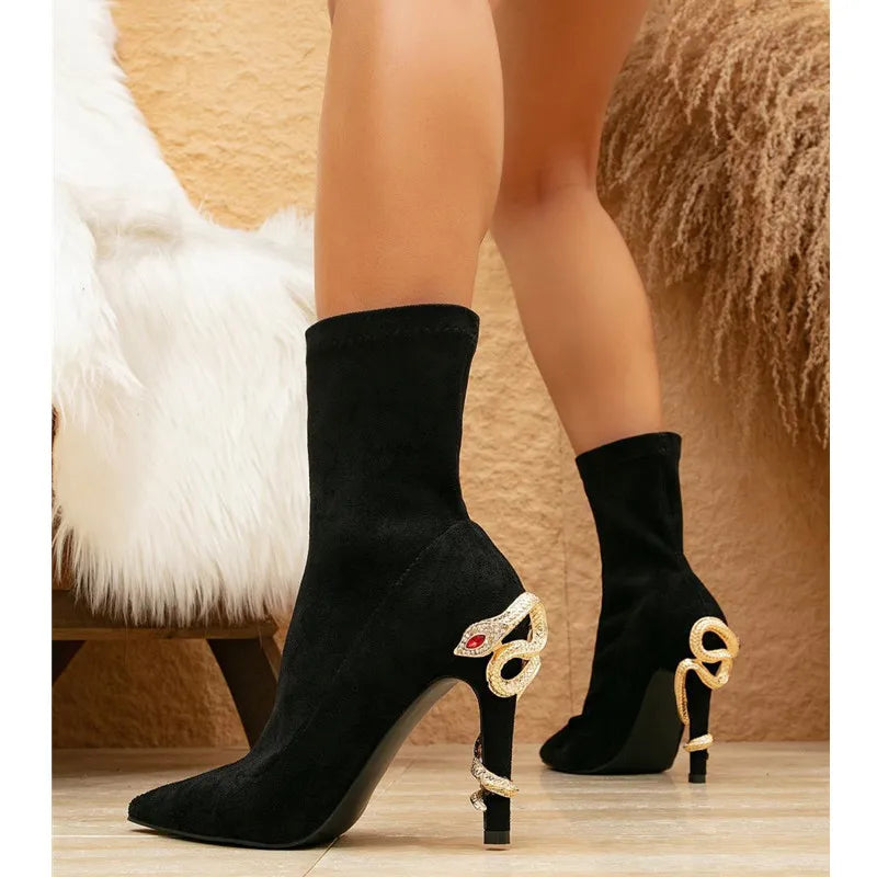 Autumn Winter Faux Suede Crystal Rhinestones Black Women Boots Elegant Pointed toe Stiletto High heels Short Boot