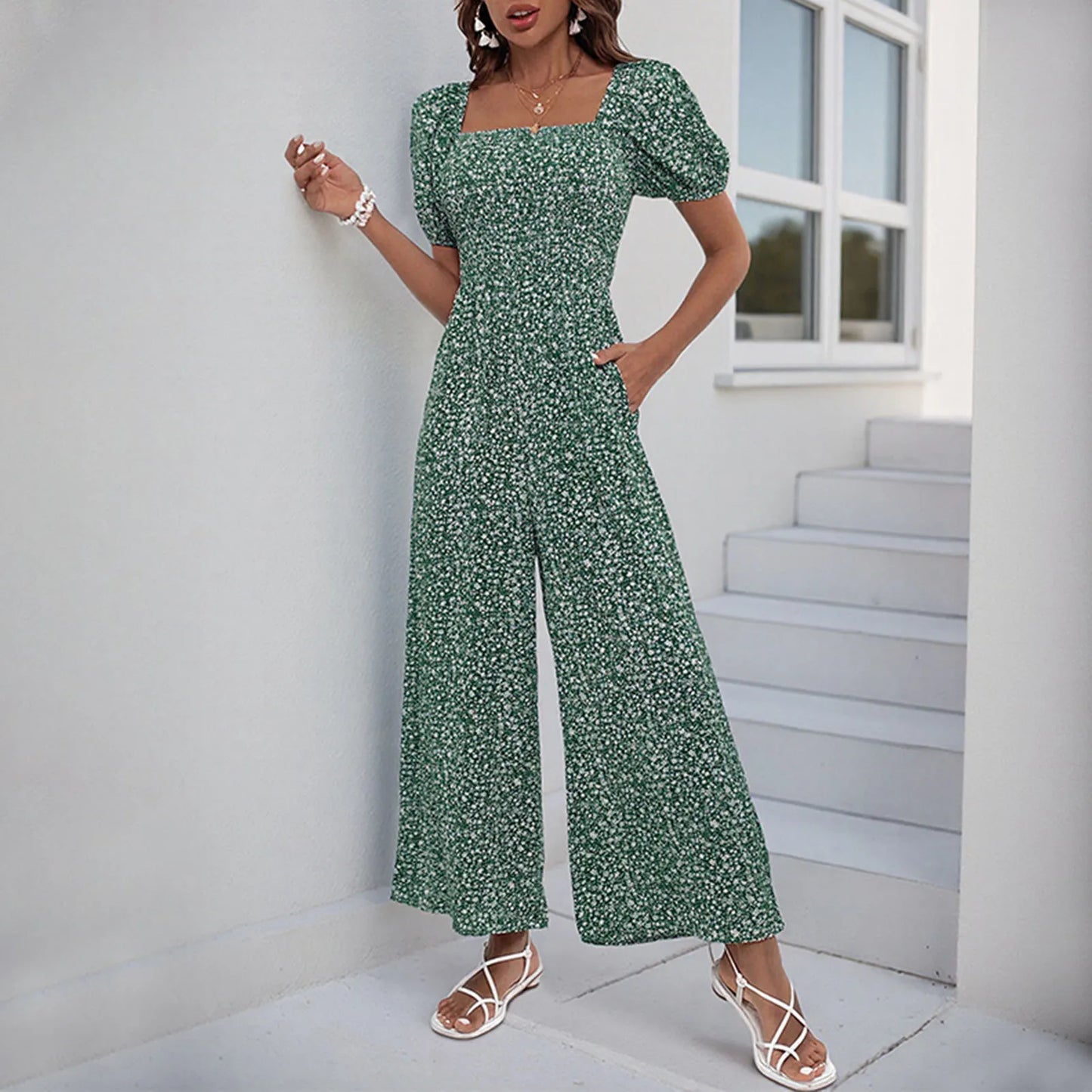 Elastic Waist Jumpsuit Stylish Women's Floral Print Wide-leg for Summer.  S-XL