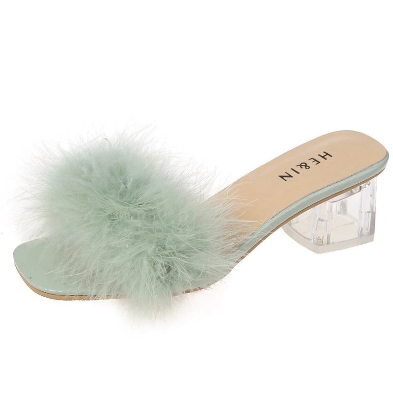 Fashion Women's Summer New Open Toe Plush Faux Fur Chunky Heel  Square Toe Sandal