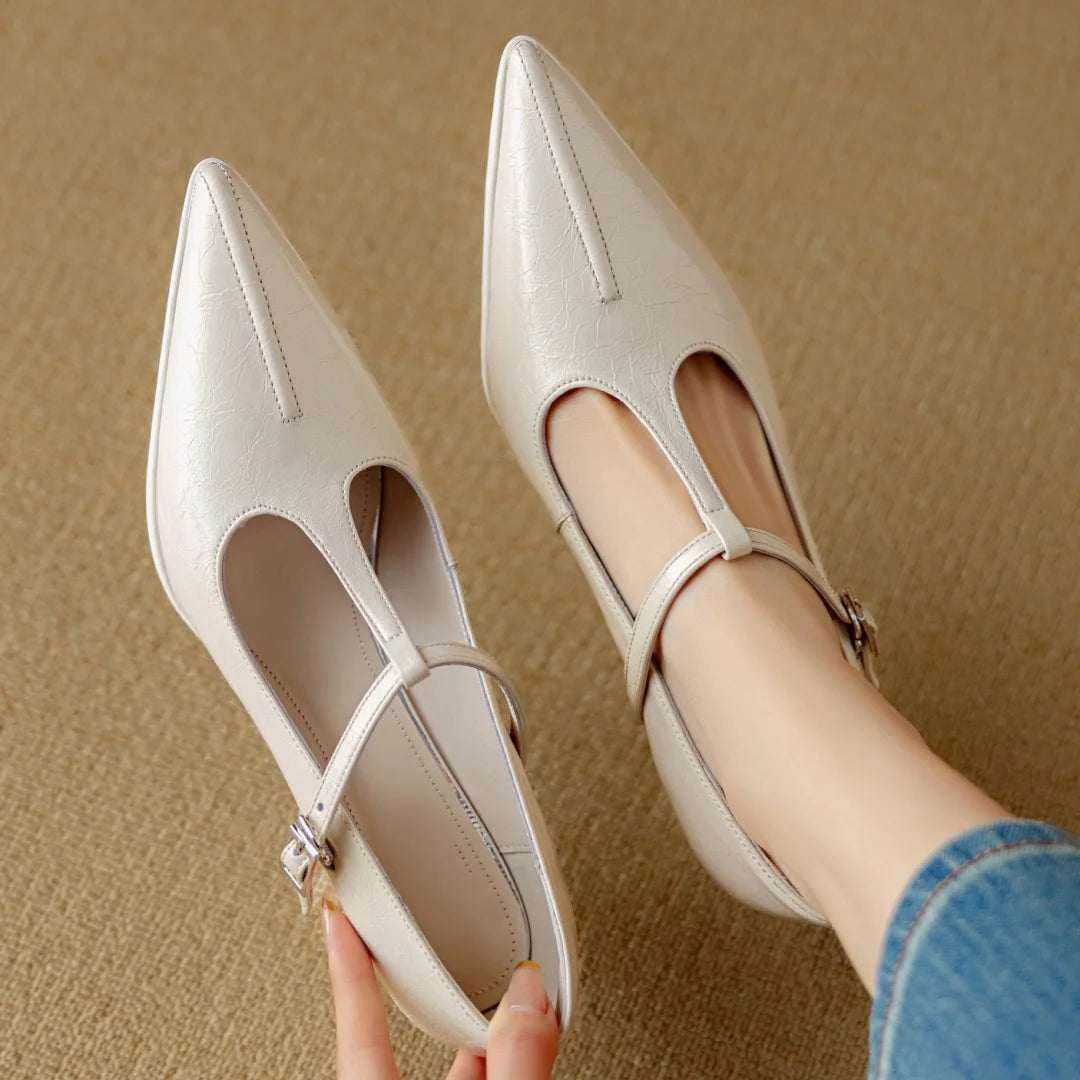 Women's genuine leather pointed toe metal buckle slip-on t-strap pumps elegant ladies 7.5cm thin high heeled daily dress shoes