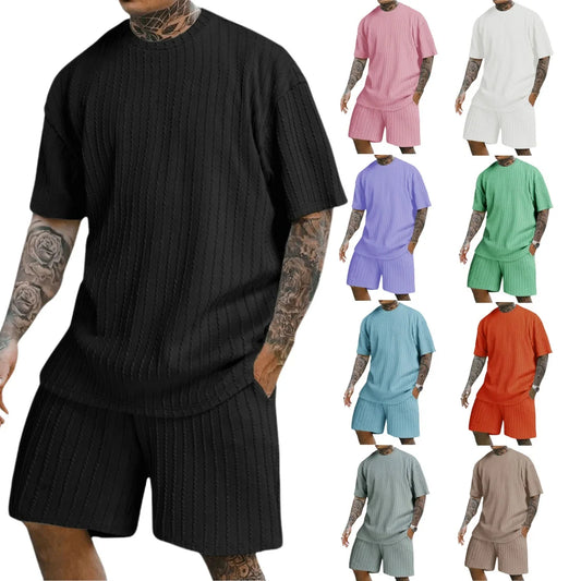 Men's Popular Casual And Soft New 2025 Two-Piece Solid Colour Crew Neck Vertical Stripe T-shirt And Shorts.