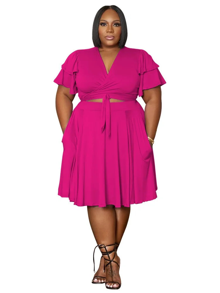 2 Two Piece Women V Neck Mini Skirt Set With Pockets Matching Outfit.