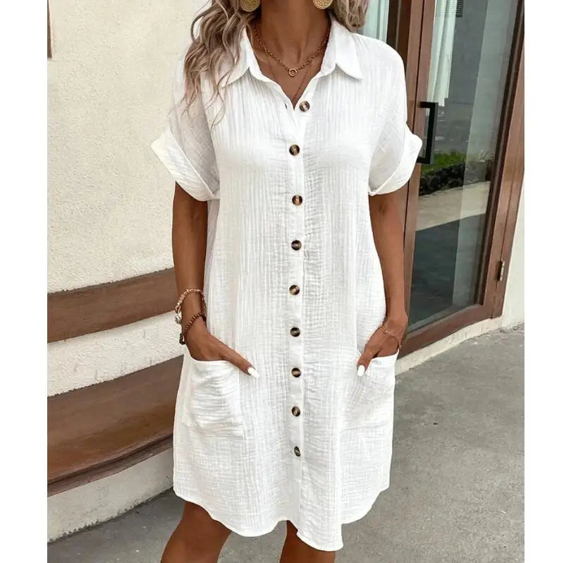 Ladies Summer Solid Simple Short Sleeve Shirt Dress Women's Turn-down Collar Single Breasted Casual Elegant Loose Dress