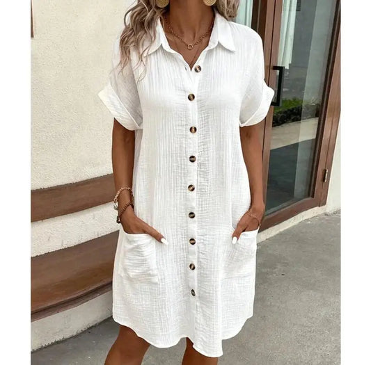 Ladies Summer Solid Simple Short Sleeve Shirt Dress Women's Turn-down Collar Single Breasted Casual Elegant Loose Dress