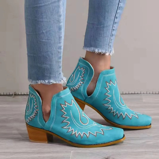Women Flower Embroidered Cowboy Ankle Boots Casual Comfortable Boot/Shoe. 36-43
