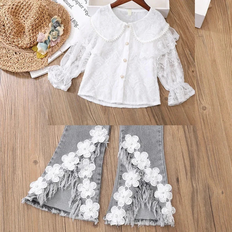 Girls Set All Season Children's Lace Long-sleeved Shirt Two-piece Set.