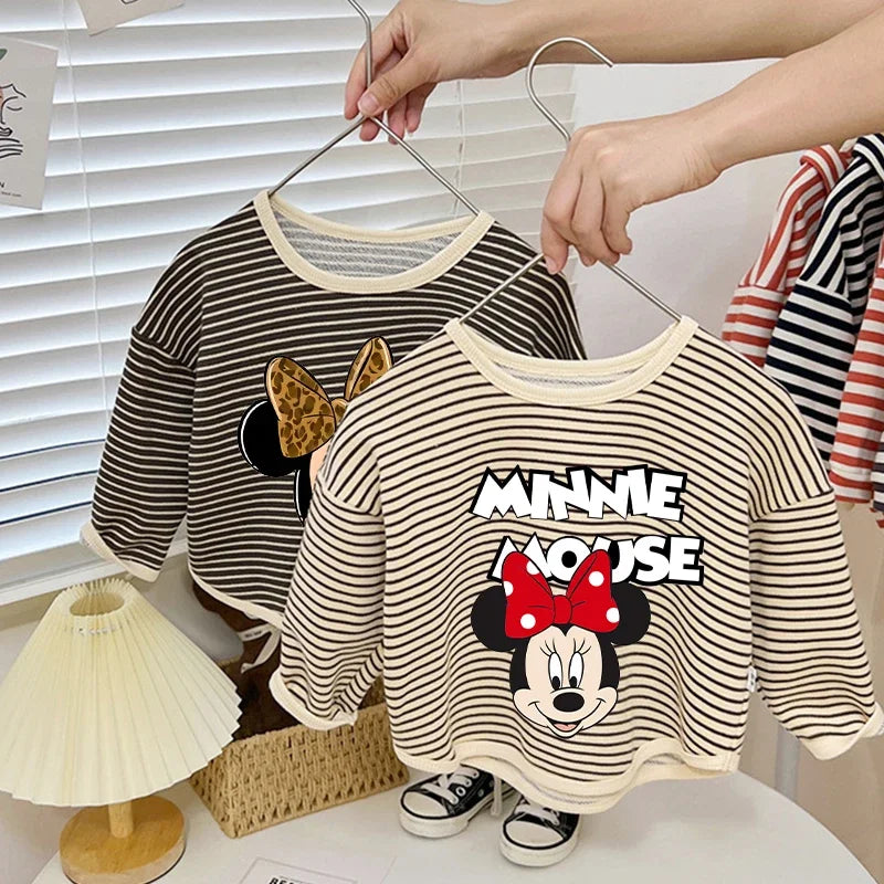 Disney Mickey Mouse 1-8T Cotton Children Clothing Long Sleeve T-shirts Striped Boy Girl Tops Kids T-shirt Autumn Spring Tee Kids