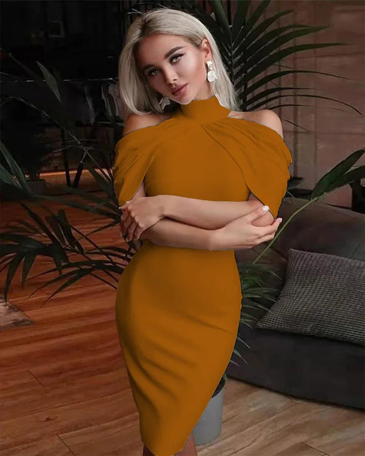 New Solid Colour Slim Midi Halter Neck Off Shoulder Elegant Party Dress.  S-3X