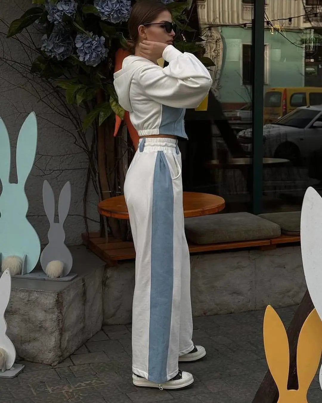 Denim Patchwork Top+pant 2 Piece Set Fashion Zipper Hoodie Wide Leg Casual suit.