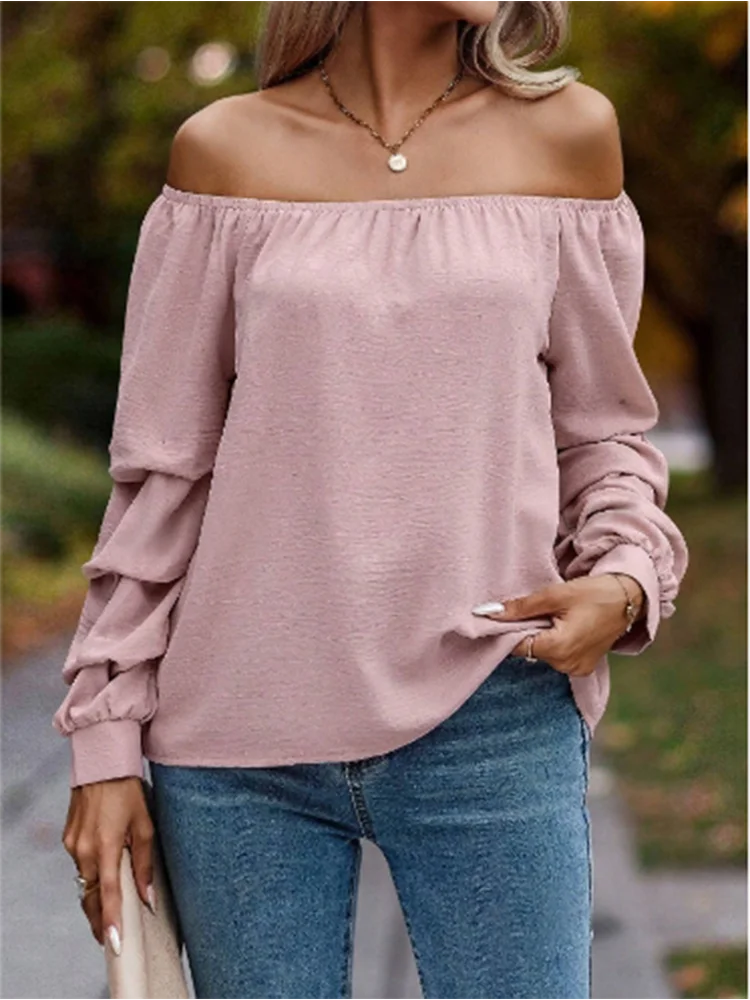Sexy Long Sleeve Solid Colour Off Shoulder Folding Sleeves, Elegant Casual Blouse. S-2xl