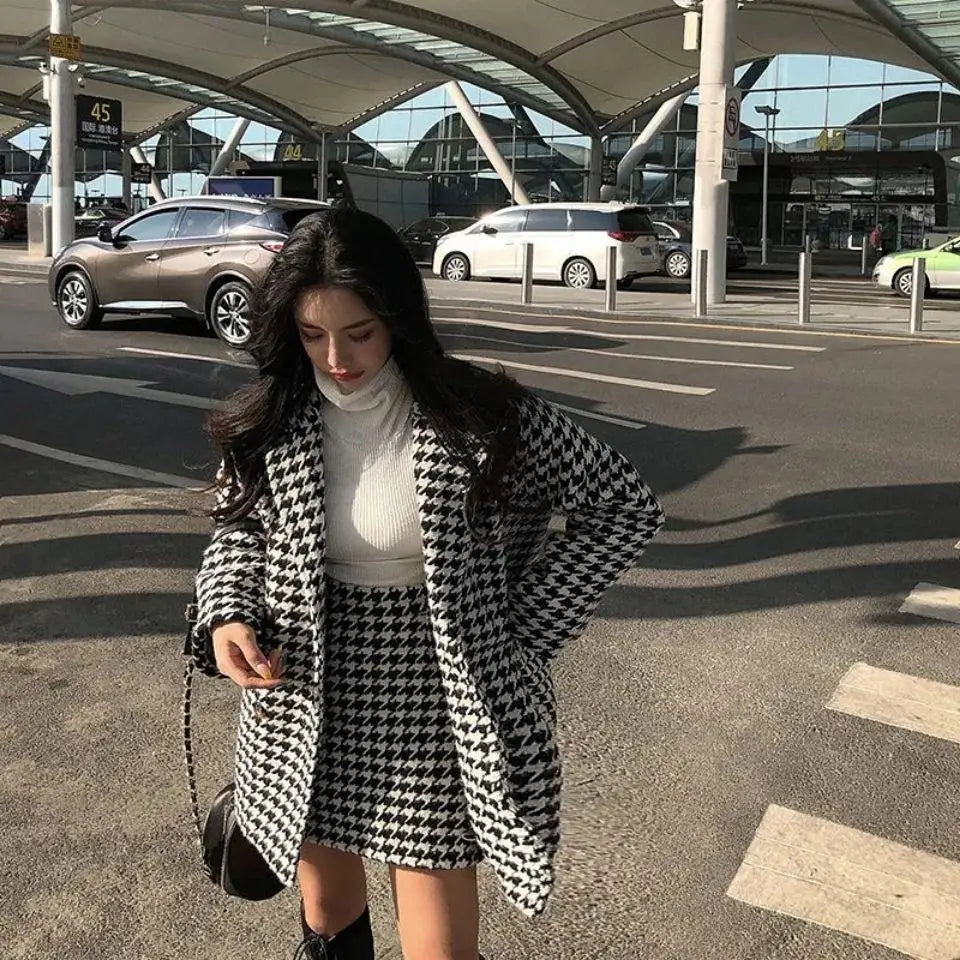 Autumn Winter Plaid Woolen Ladies 2 Piece Set Long Sleeve Suit Coat And High Waist A-line Mini Skirt Outfit