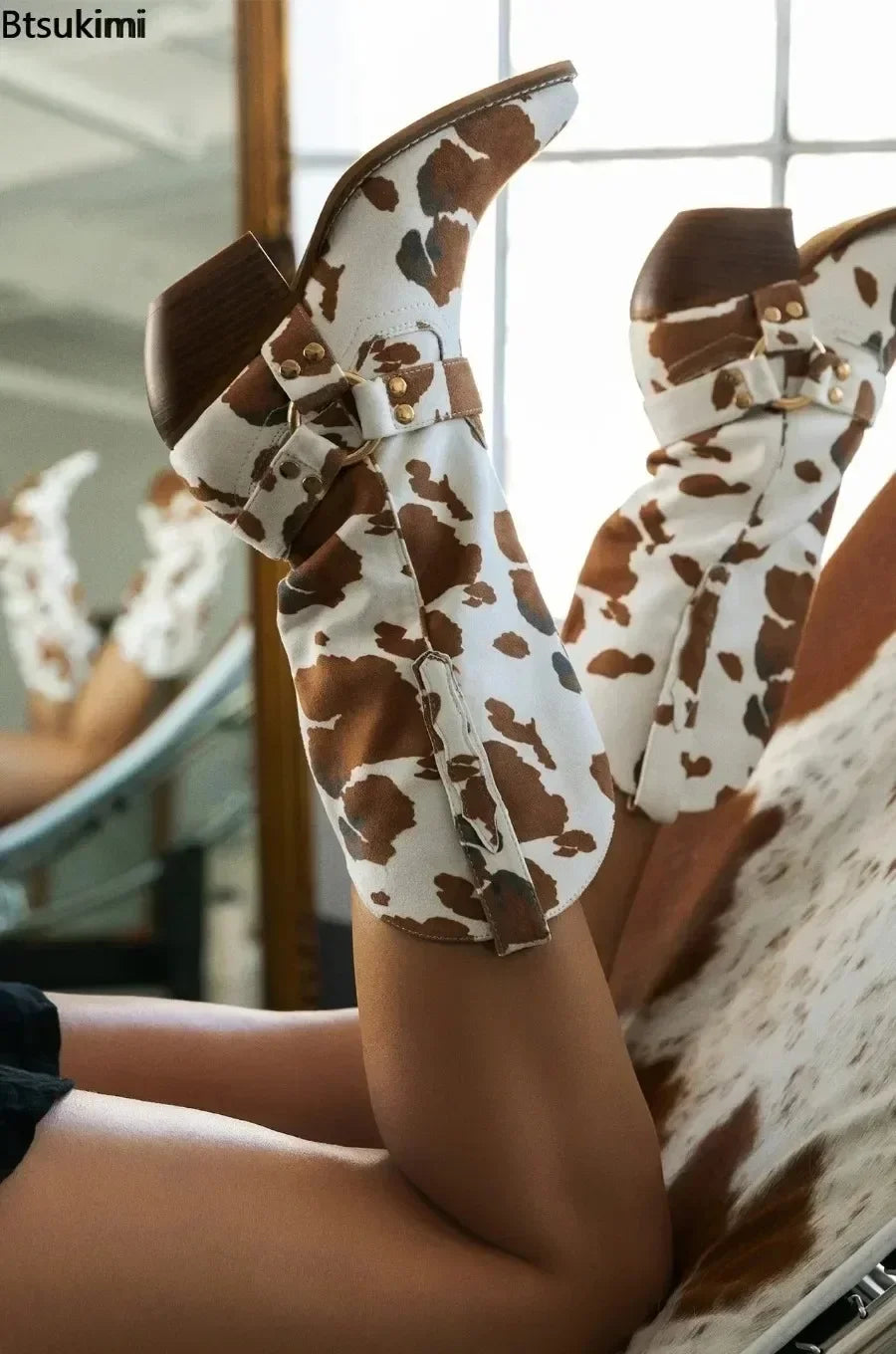 New 2025 Women's Western Cowboy Boots Flock Cow Print Chunky Heel Point Toe Western Boot .   Botas Femininas
