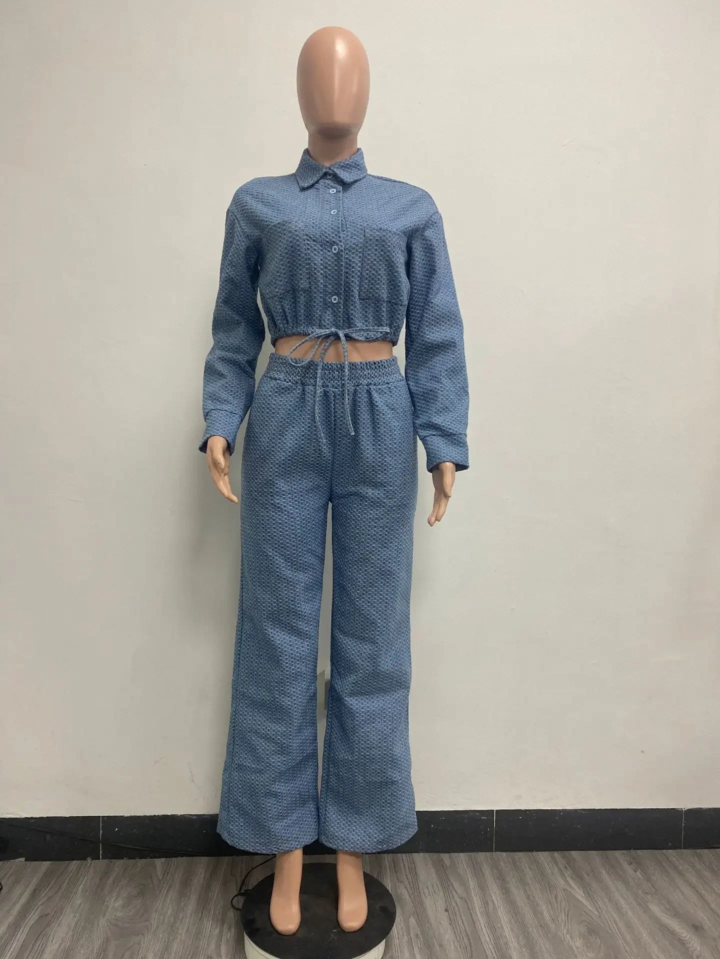 Women Denim Two Piece Set Slim Fit Sexy Turn Down Collar Full Sleeve Top, Long Pants High Elastic Waist.  S-2X