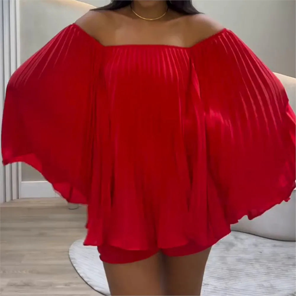 Women's Sexy Off Shoulder Pleated Chiffon Long Sleeve Shorts 2 Piece Fashion Loose Shawl Sleeves Elegant Shorts Set.