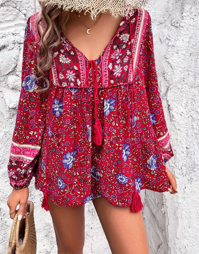 Summer Women's Blouse Casual Bohemian Printed Long Sleeve Loose Fit Shirt