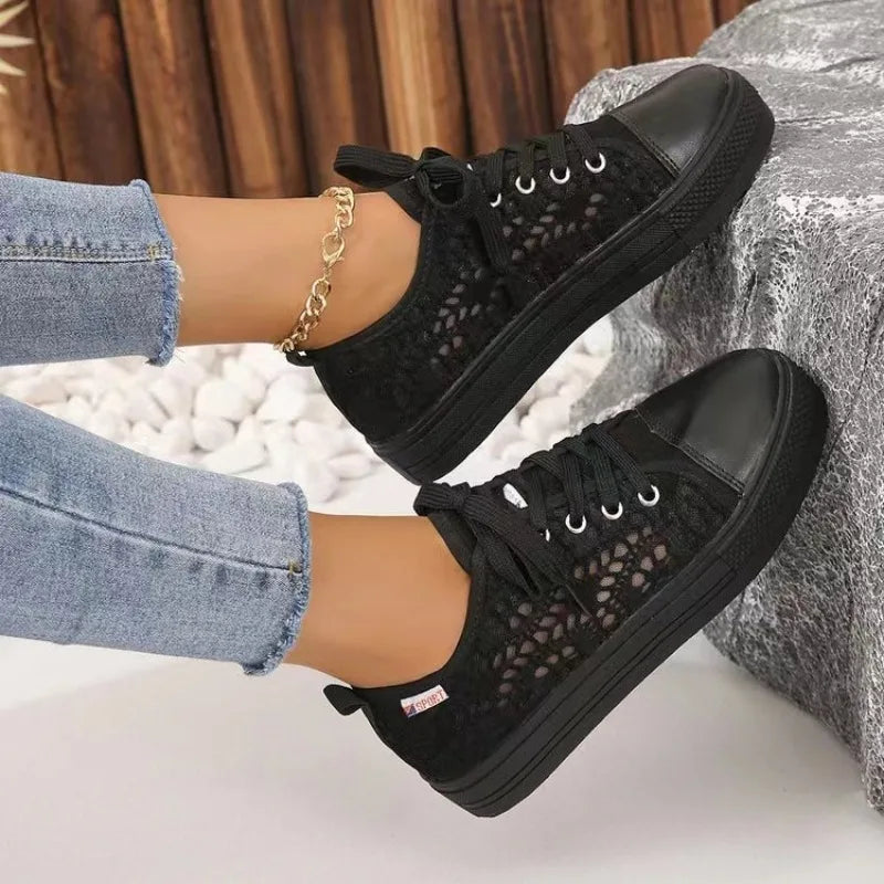 Quality Women Fashion Summer Casual White Sneaker/Shoe Cutout Lace Canvas Hollow Breathable Platform Flat Shoes Woman Sneakers