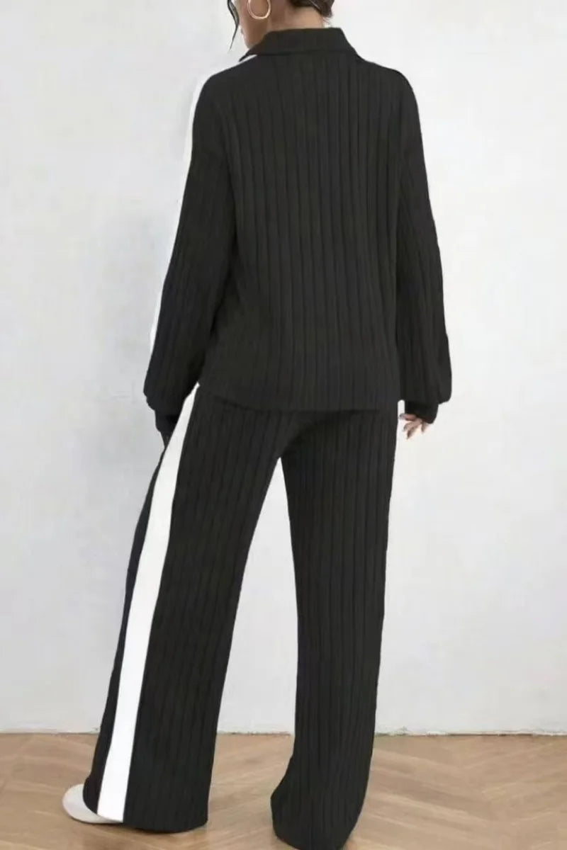 Ladies' winter casual knitted suit with long-sleeved top and trousers.