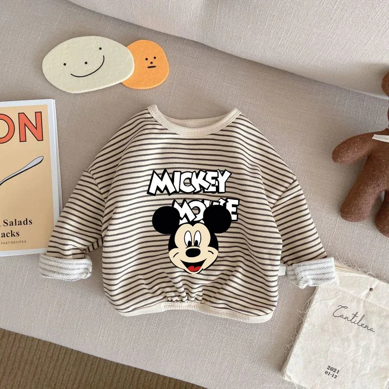 Disney Mickey Mouse 1-8T Cotton Children Clothing Long Sleeve T-shirts Striped Boy Girl Tops Kids T-shirt Autumn Spring Tee Kids
