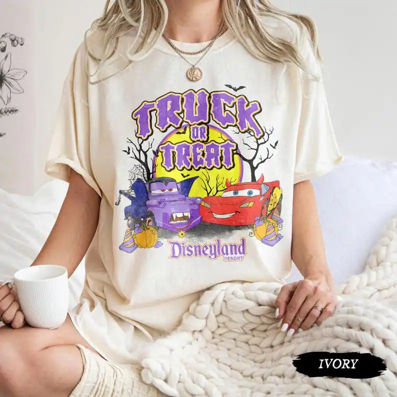 Vintage Coquette Disney Cars Halloween Shirt Lightning McQueen Tee Retro Cars Land Truck or Treat Shirt Halloween 2025 Trip Tee