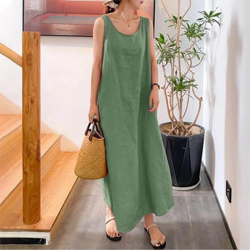 Fashion Cotton And Linen Simple Women's Long Dress Summer Casual Loose Pocket O-neck Elegant Women's Sundress.  S-4X