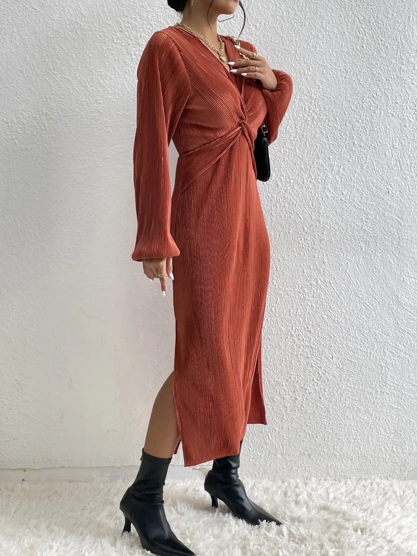 Midi Dress Long Sleeve Party Dress Front Cross Sexy Elegant .
