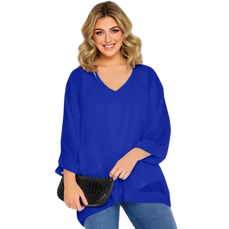 Women's Plus Size Elegant Cape Blouse V-neck Loose Oversized Flowy Casual Chiffon Blouse