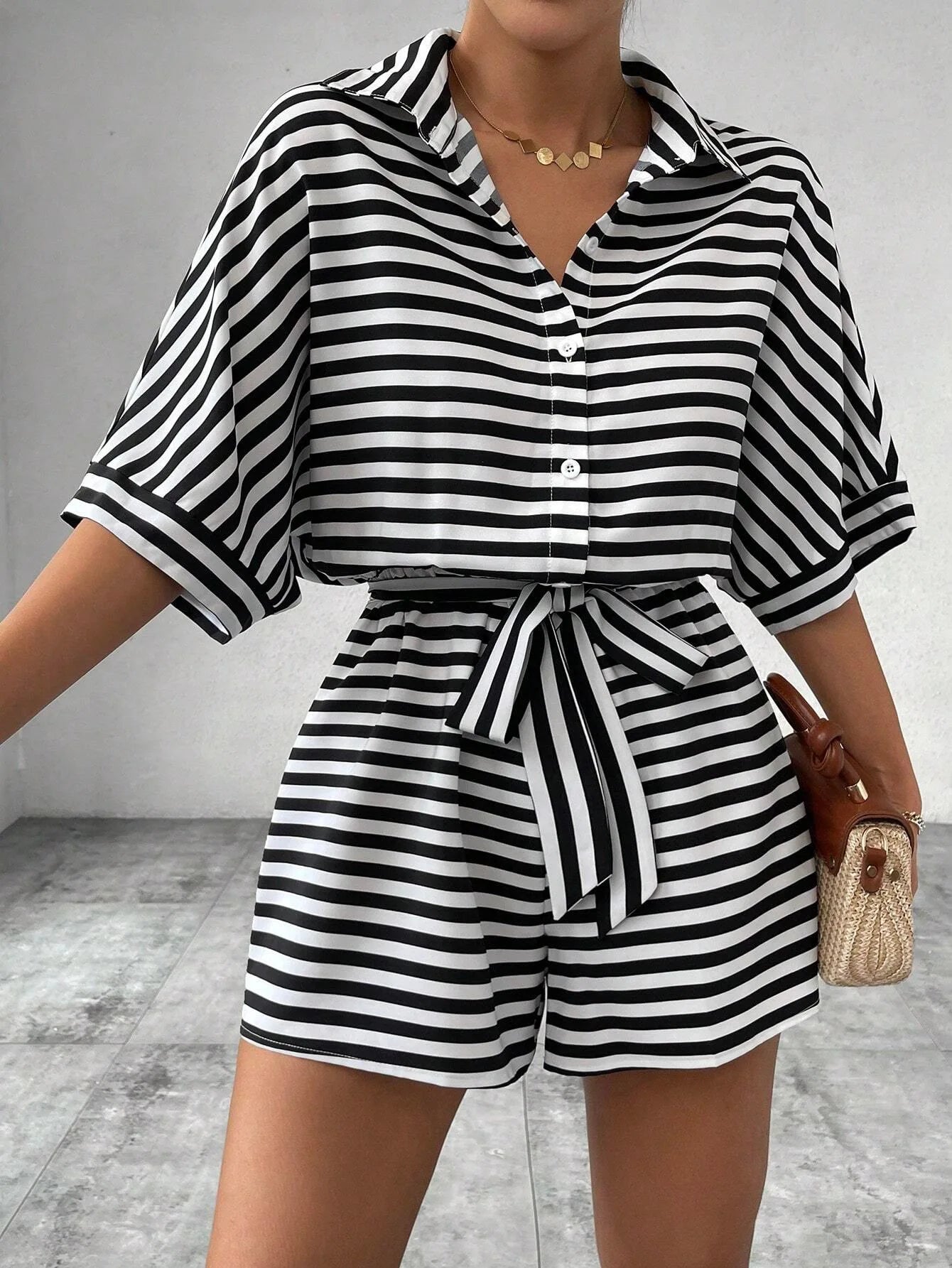 Summer New Set For Women's Casual Loose Comfortable Outfit Fashion Striped Shirt Top+ Shorts 2-piece Set.  S-2X