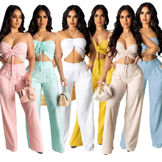 Women Two Piece Sets Halter Matching Sets Backless Short Top Wide Leg Long Pants Elastic Waist Casual Wear