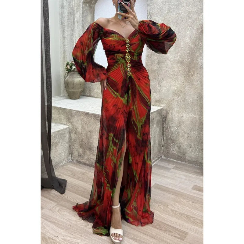 Women Floral Lantern Long Sleeve Dress Elegant Rhinestone Off Shoulder Maxi Sexy Deep V-neck Party Dress.  S-XL