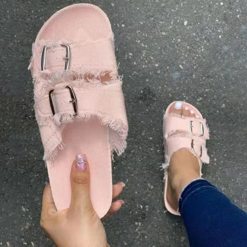 2025 Summer Women Fashion Designer Female Canvas Metal Buckle Flat Soft Sole Sandals.