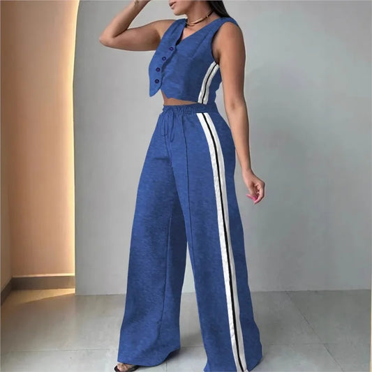 Fashion Side Stripe Women 2 Piece Set New Vest Top And Wide Leg Pants Sports Style Casual Set.  S-2X