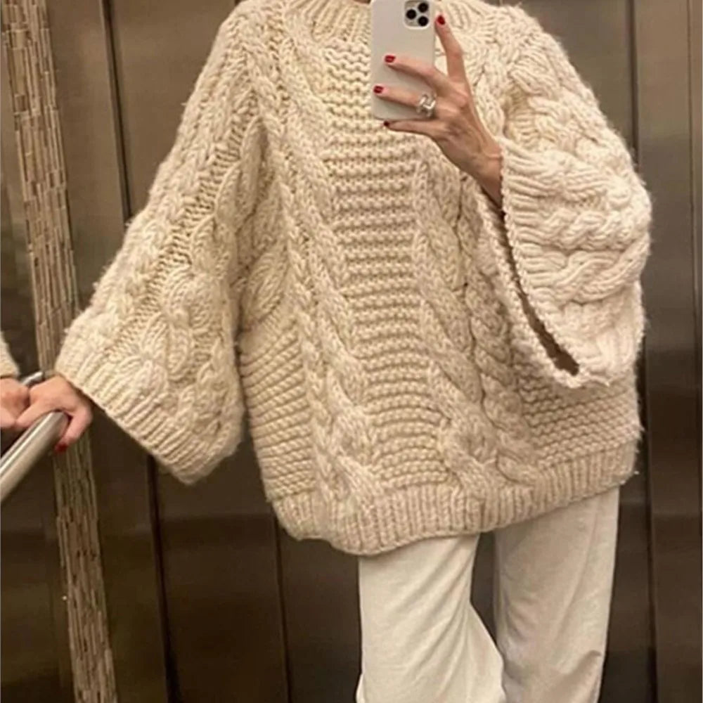 Women's Thick Line Big Twist Knitted Loose Sweater Pullover Fashion Casual Crochet Round Neck Sweaters Solid Color New Knitwear