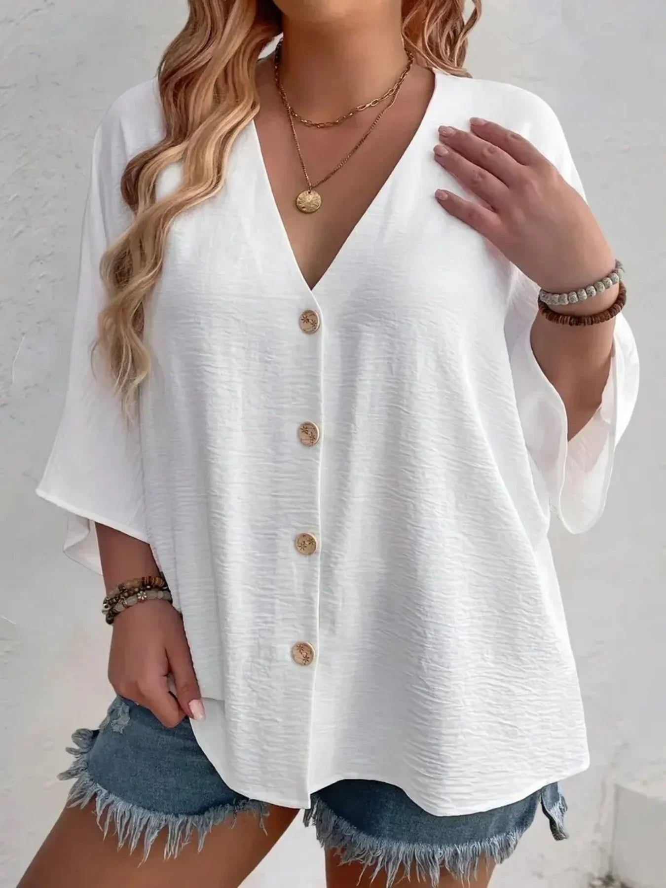 Women's Plus-size Shirt Solid Color Breathable  V-neck Button Casual Wear with European Style.  1X-5X