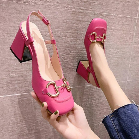 Women's 7 cm Sandals 2025 Summer French Style Thick Heel Square Toe Mary Jane Sandals.