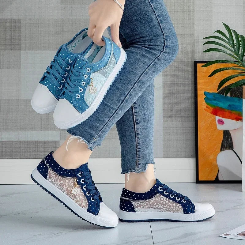 Women's Hollow Denim Mesh Shoe Flat Casual Breathable Shoe .  кроссовки женские Scarpe Donna