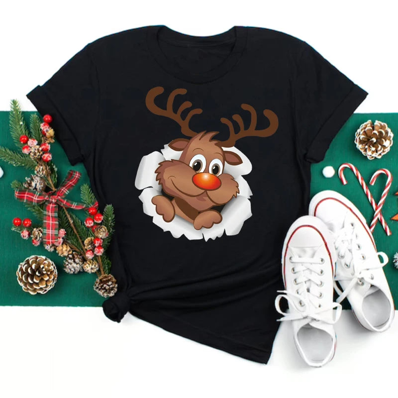 Women's Kawaii Christmas Top - Santa Claus & Deer O-Neck Y2K T-Shirt.  S-3X