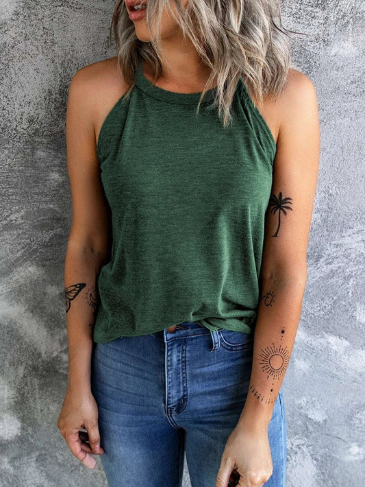 Women's Summer Sleeveless Halter Tee Shirts Crew Neck Workout Tank Tops Casual Plain Shirts.   S-2X