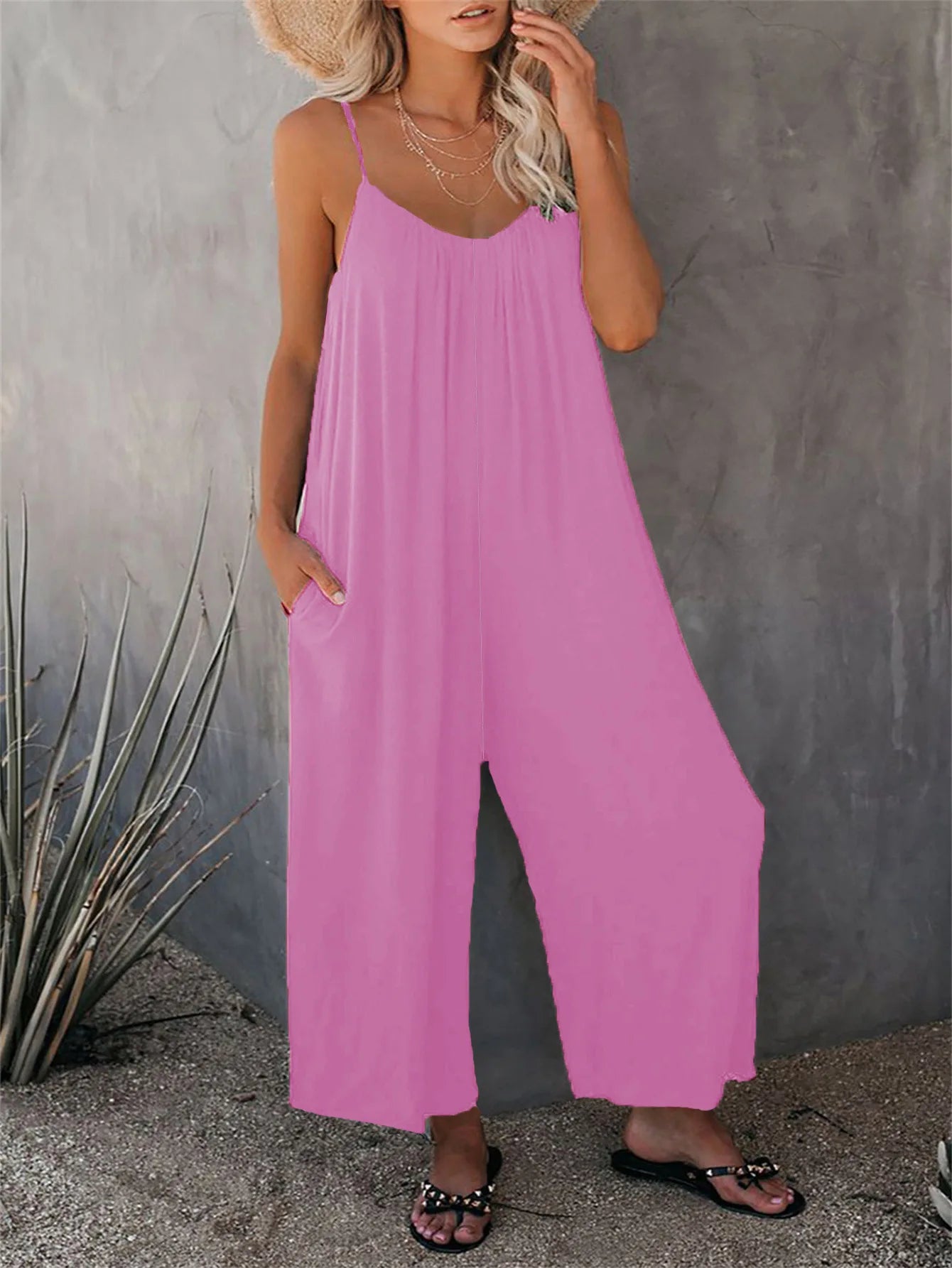 European Women's Summer New Solid Colour Pocket Casual Jumpsuit.  S-xxxL