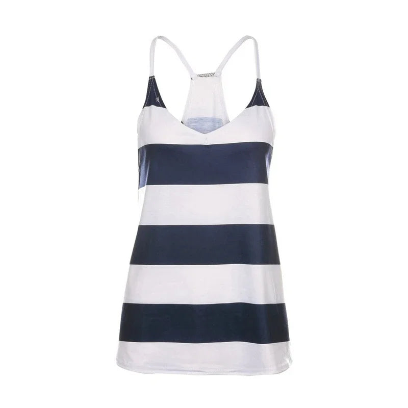 S-XXL Women's Basic Stripe Adjustable Spaghetti Strap V Neck Tank Top