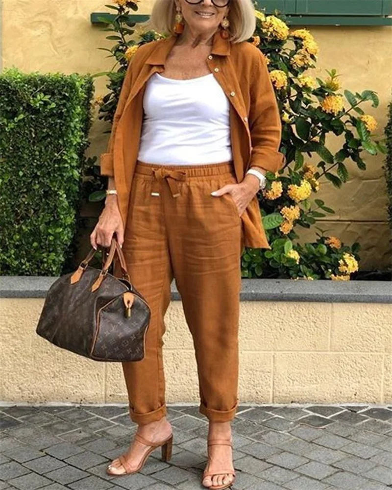 Plus-size women's casual fashion solid color button long-sleeved Shirt/Cardigan cotton linen 2 piece