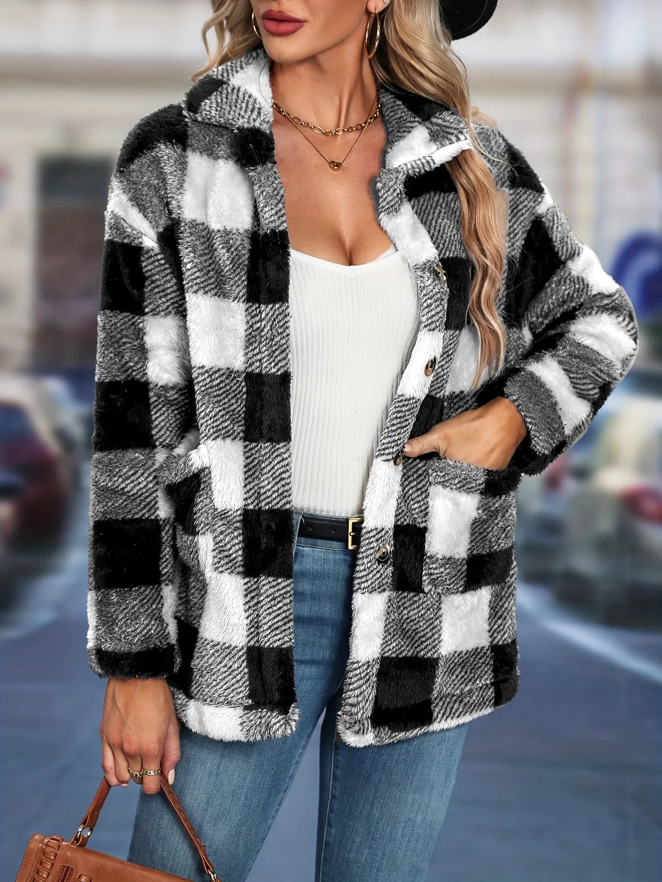 Cross border European autumn/winter square plaid lapel women's coat