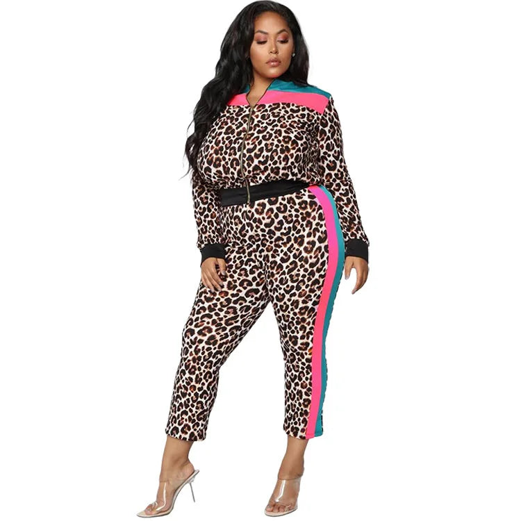 Curvy Size Two-piece Set, Fashion Sexy Leopard Jacket + Pants Suit Casual Wear