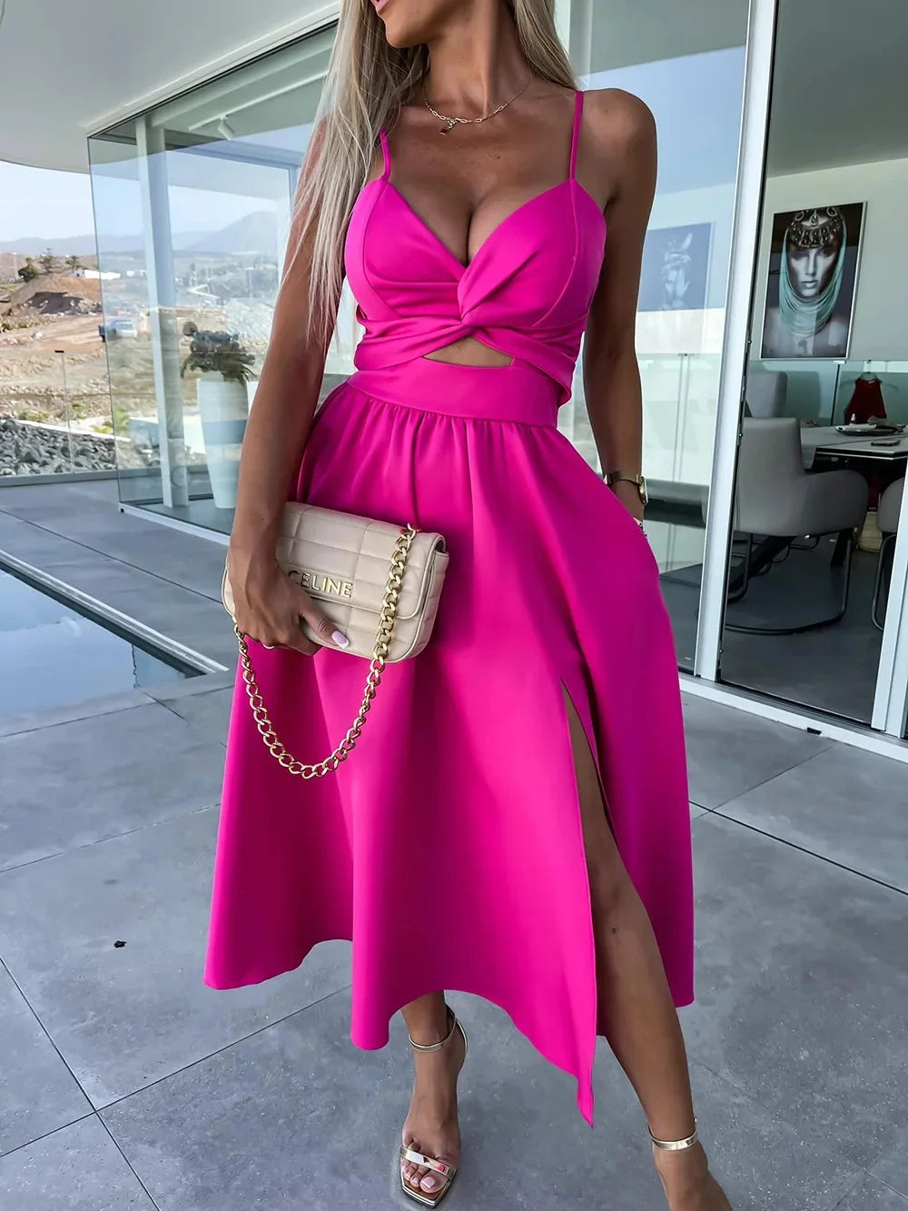 New Style Women's Sexy elegant V Neck  Open-Back Medium Length Dress.