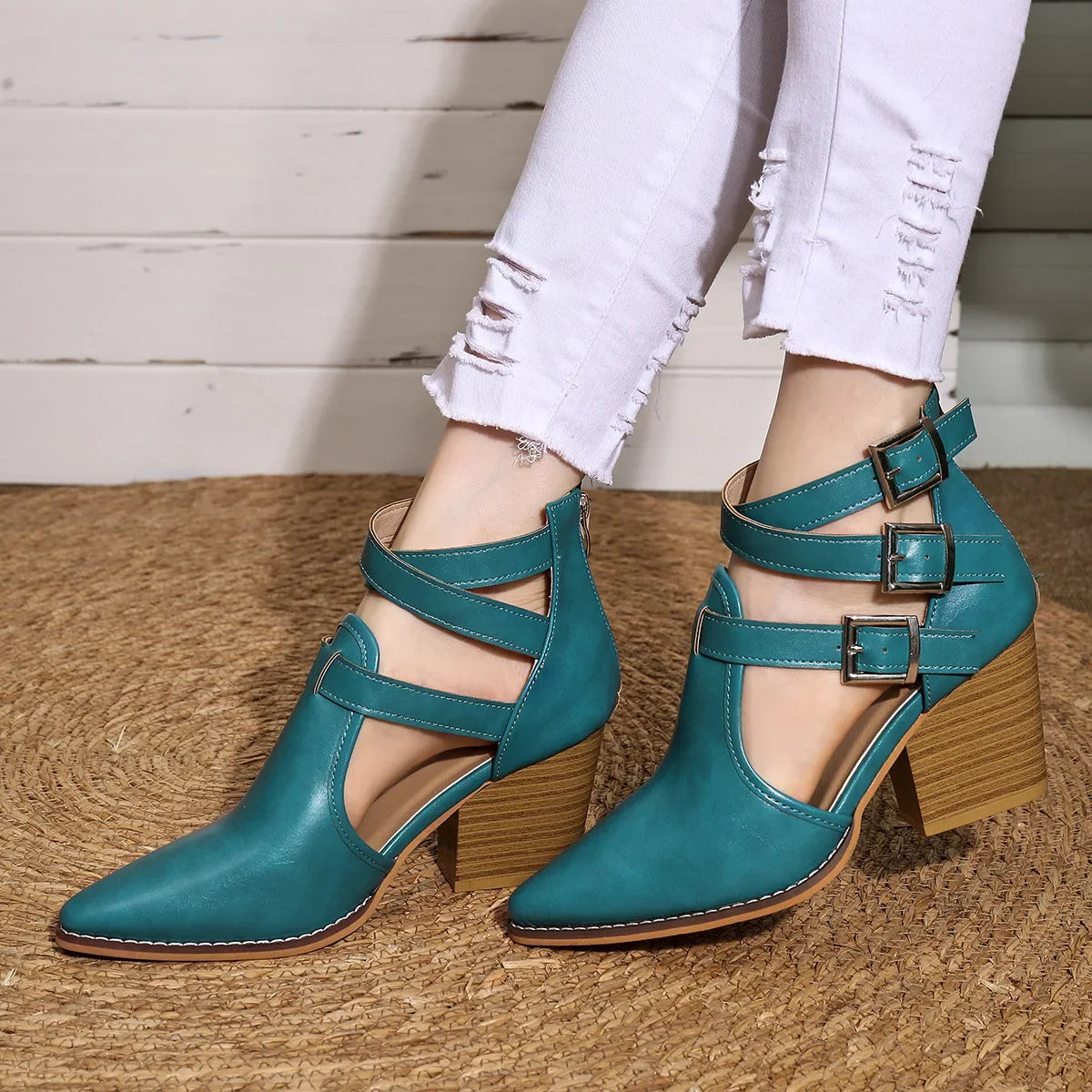 Thick Heel Pointed Toe Retro Belt Buckle Roman Booties PU Leather Rubber Sole