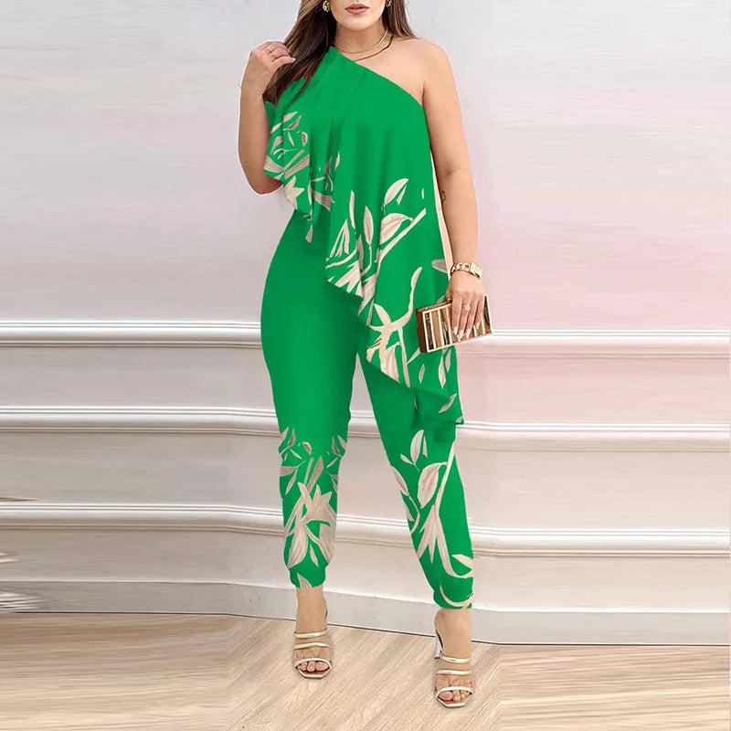 New Pencil Pants Women Summer Printed Fashion Skew Collar Sleeveless Ruffles Jumpsuit.  S-2x