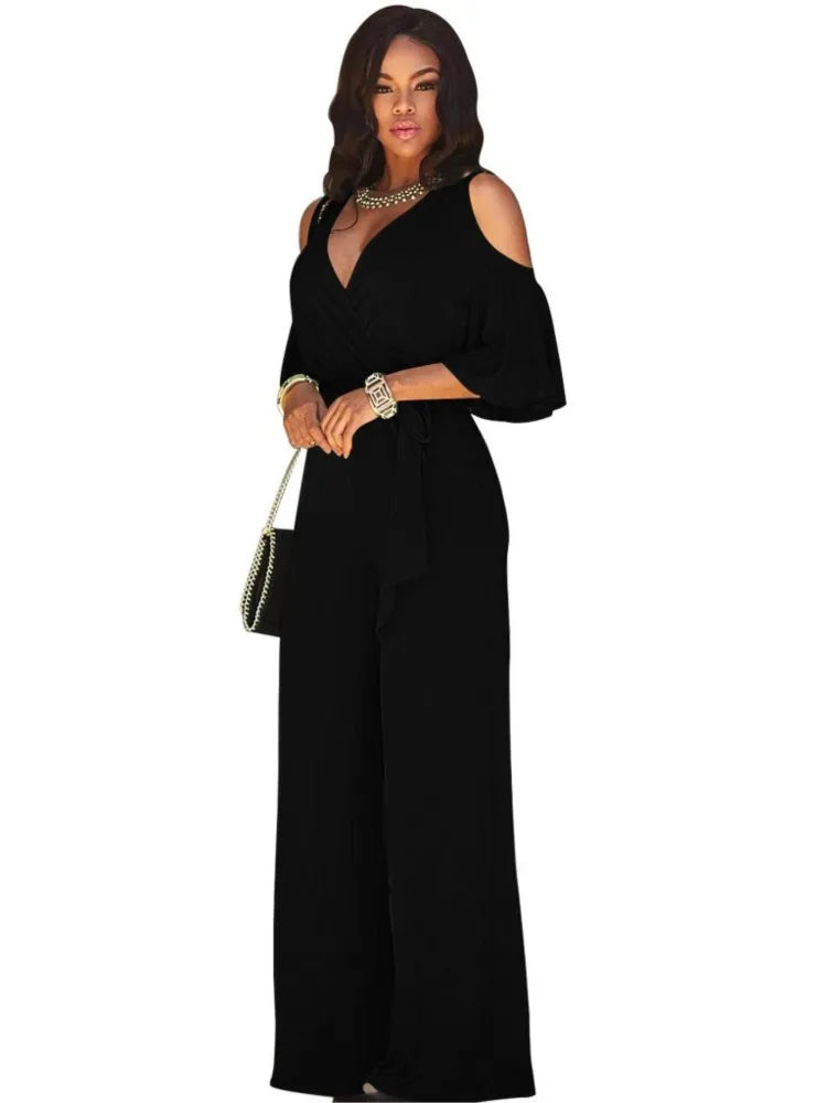 Spring Summer Solid Color Women Sexy Deep V Neck Short Sleeve Rompers Fashion Slim Fit Lace Up Elegant Female Wide Leg Jumpsuit.  S-2X
