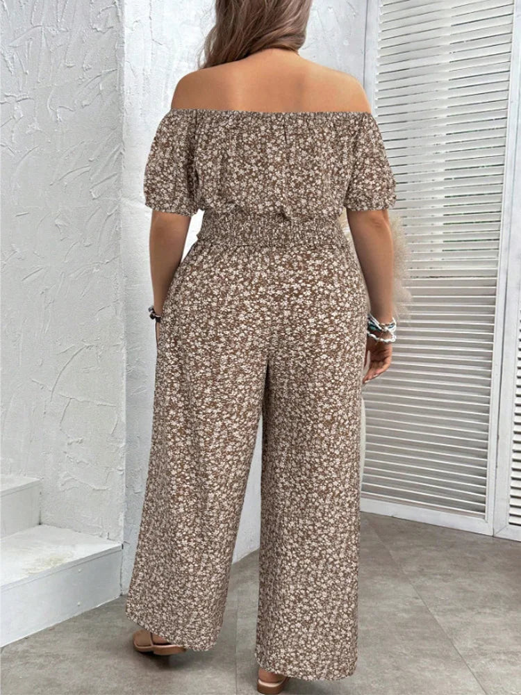 Plus Size Woman Outfit Floral Off Shoulder Crop Top Casual Wide-leg Pants Summer Two Piece Set