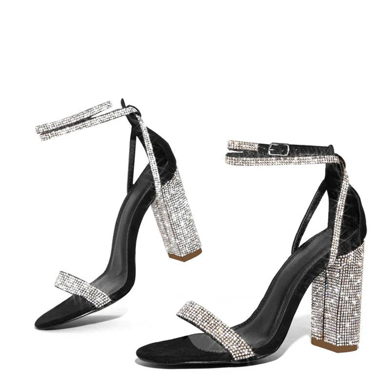 Fashion Glitter Rhinestones Square High Heel Sandals Summer Open Toe Crystal Ankle Strap Women Party Prom Shoes Sandalias