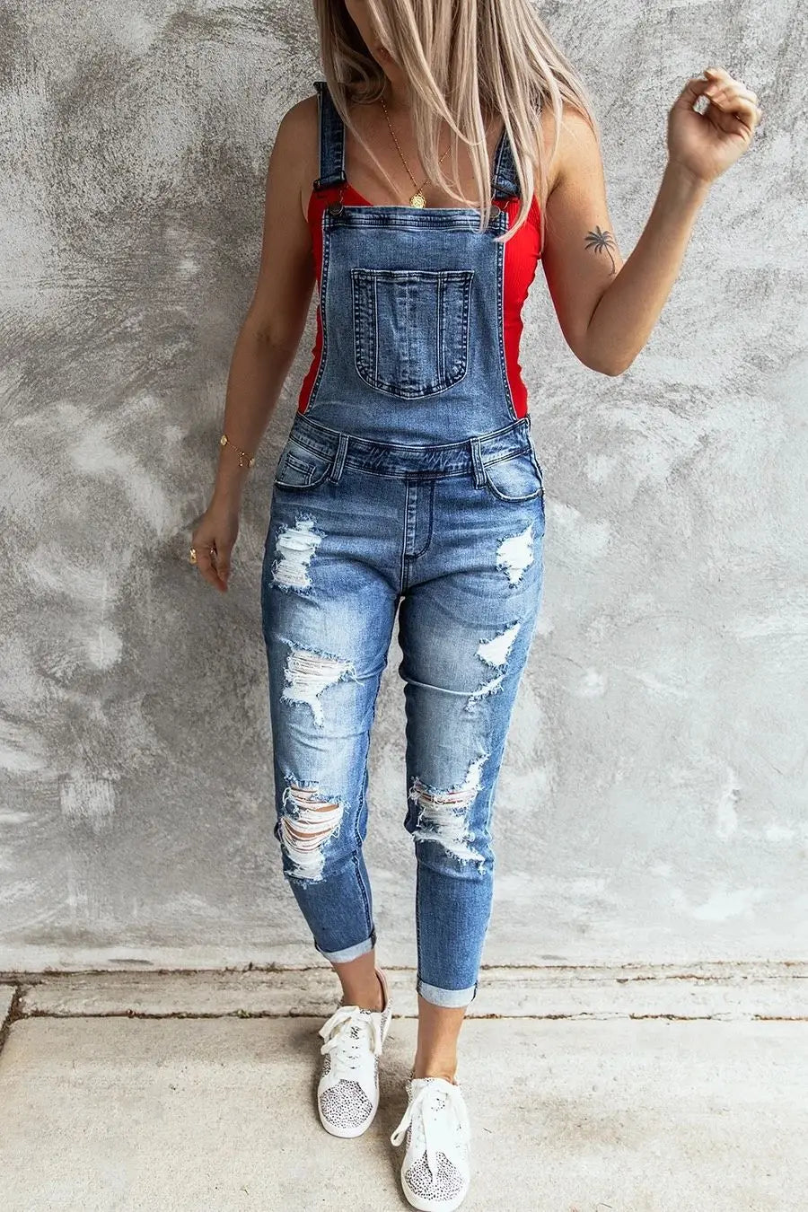 Ladies Denim Ripped Jeans Jumpsuit Stretch Denim